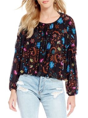 Free People Wildflower Honey Black Mesh Ruffle Blouse Size M
